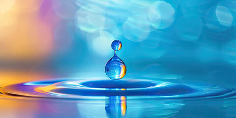 A Splash of Blue: A single blue drop of water suspended in mid-air, reflecting its surroundings in perfect clarity, casting a sphere of vibrant color around it