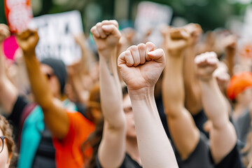 Fototapeta premium raised fists of protestors, symbolizing strength and resistance. The image is taken from a low angle, emphasizing the unity and resolve of the crowd. Behind the fists, blurred yet