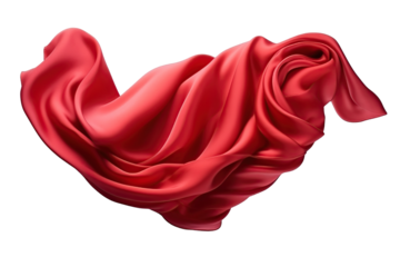 Flying red silk fabric. Waving satin cloth isolated on transparent background	