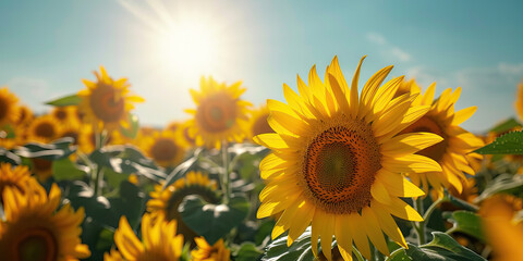 Obraz premium The Dancing Sunflowers: A field of bright yellow sunflowers bob and sway gently in the warm summer breeze, their heads nodding towards the brilliant sun high in the sky