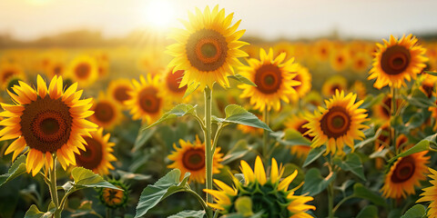 The Dancing Sunflowers: A field of bright yellow sunflowers bob and sway gently in the warm summer breeze, their heads nodding towards the brilliant sun high in the sky