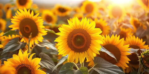 Obraz premium The Dancing Sunflowers: A field of bright yellow sunflowers bob and sway gently in the warm summer breeze, their heads nodding towards the brilliant sun high in the sky