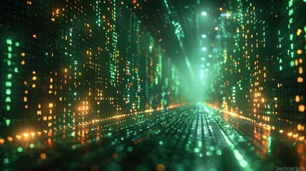 A holographic security interface with floating data streams, on a solid green background.