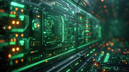 A holographic security interface with floating data streams, on a solid green background.