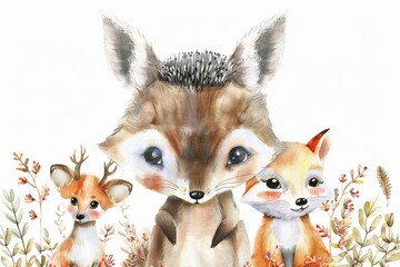 Woodland Animals & Plants Clipart Watercolor Set -  Transparent PNGs - Nursery Clipart, Fox, Bear, Deer, Hedgehog. Beautiful simple AI generated image in 4K, unique.