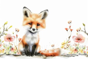 Fototapeta premium Woodland Animals & Plants Clipart Watercolor Set - Transparent PNGs - Nursery Clipart, Fox, Bear, Deer, Hedgehog. Beautiful simple AI generated image in 4K, unique.