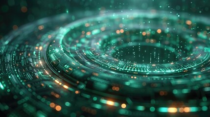 A holographic security interface with floating data streams, on a solid green background.