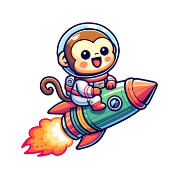 cartoon cute monkey astronaut riding a rocket icon character