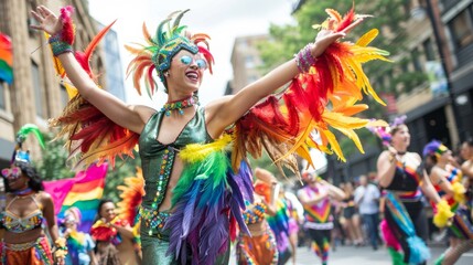 Pride parade featuring dancers and musicians, vibrant procession --ar 16:9 Job ID: b3c58e20-ed8f-4ca4-a09a-879d065224e9