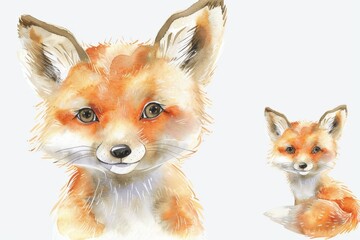 Obraz premium Woodland Animals & Plants Clipart Watercolor Set - Transparent PNGs - Nursery Clipart, Fox, Bear, Deer, Hedgehog. Beautiful simple AI generated image in 4K, unique.
