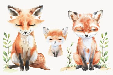 Fototapeta premium Woodland Animals & Plants Clipart Watercolor Set - Transparent PNGs - Nursery Clipart, Fox, Bear, Deer, Hedgehog. Beautiful simple AI generated image in 4K, unique.