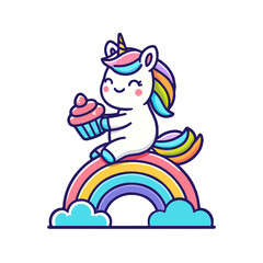 Naklejka premium cartoon cute unicorn sitting on a rainbow and eating cake icon character