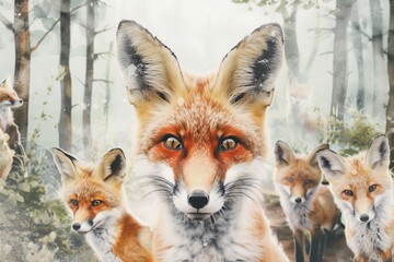 Obraz premium Woodland Animals & Plants Clipart Watercolor Set - Transparent PNGs - Nursery Clipart, Fox, Bear, Deer, Hedgehog. Beautiful simple AI generated image in 4K, unique.