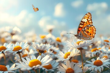 Beautiful spring landscape with daisies and a butterfly flying in the blue sky. A beautiful summer background