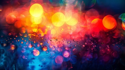  A blurred photo of multicolored lights on a dark background, with water droplets on the glass and image surface