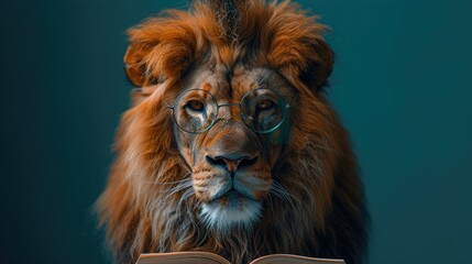 A lion wearing reading glasses, engrossed in a book, on a turquoise background.