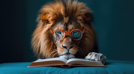 A lion wearing reading glasses, engrossed in a book, on a turquoise background.