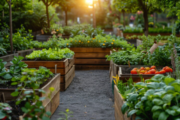 Raised garden beds brimming with fresh vegetables in a community urban garden at golden hour. AI Generated