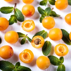 Fresh apricots and mint leaves spread on white background