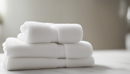 Light white spa towels pile, bath towels lying in a stack on light white peaceful background.