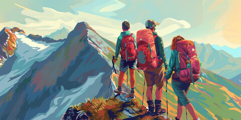 A group of hikers take in the breathtaking view from atop a mountain, the world stretched out before them, their hearts full of gratitude for the journey that brought them there.