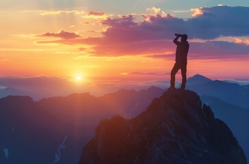 Obraz premium Silhouette of man standing on top mountain holding binoculars 
