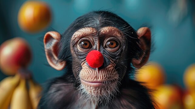 A monkey wearing a clown wig and red nose, juggling bananas, on a solid blue background.