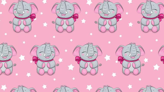 Cute cartoon elephants with pink bow. Looped pink background with animals and stars.