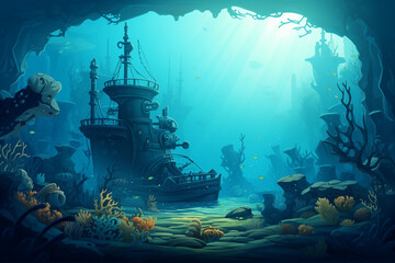 Underwater Shipwreck, Blue and Serene, with Coral and Fish