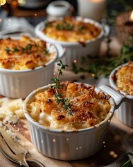 Individual portions of mac and cheese in ramekins, golden cheese crust, baked to perfection, cozy ambiance