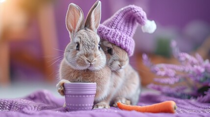A rabbit in a magician's hat, pulling a carrot out of the hat, on a solid purple background.
