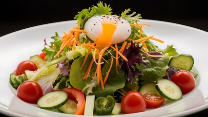 Atop the salad, a perfectly poached egg sits. Generative AI.