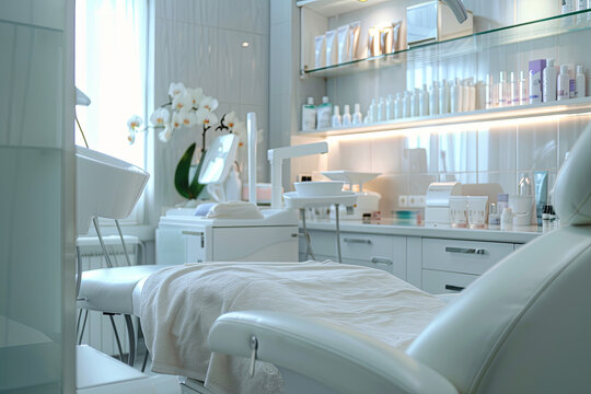Bright empty cosmetology cabinet in modern beauty clinic. Interior of beautician room in aesthetic medicine salon. Medical office of dermatologist specialist. Cosmetic, skincare
