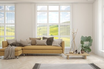 White living room with sofa and summer landscape in window. Scandinavian interior design. 3D illustration