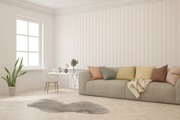 White living room with sofa. Scandinavian interior design. 3D illustration