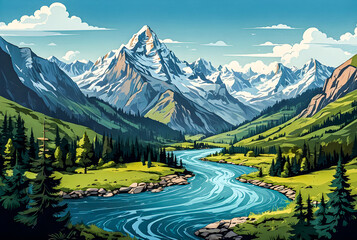 A panoramic view of a tranquil mountain valley, with sparkling rivers winding through dense forests vector art illustration generative AI image.

