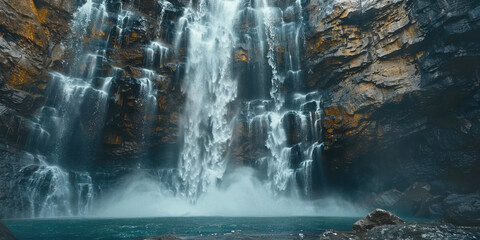 A majestic waterfall cascades down a sheer cliff, its spray misting the surrounding rocks, creating a rainbow of colors.