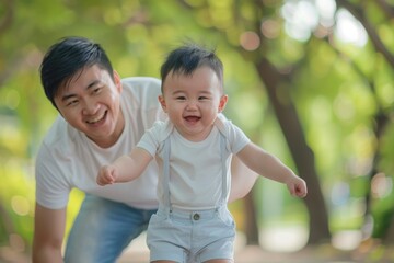 Happy young asian father and his baby child who makes his first steps together
