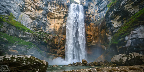A majestic waterfall cascades down a sheer cliff, its spray misting the surrounding rocks, creating a rainbow of colors.