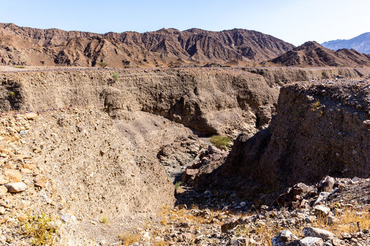 Dry riverbed (wadi) with vertical cliffs in Hajar Mountains in United Arab Emirates, barren desert landscape, no water.