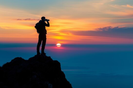 Silhouette of man standing on top mountain holding binoculars 