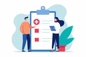 Two individuals standing next to a clipboard with a checklist on it, people write drug prescriptions from doctors, Simple and minimalist flat Illustration 