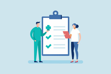 Two individuals standing next to a clipboard with a checklist on it, people write drug prescriptions from doctors, Simple and minimalist flat Illustration 