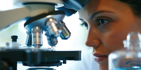 A scientist meticulously works at a microscope, their eyes filled with wonder as they explore the tiny worlds hidden within a drop of water