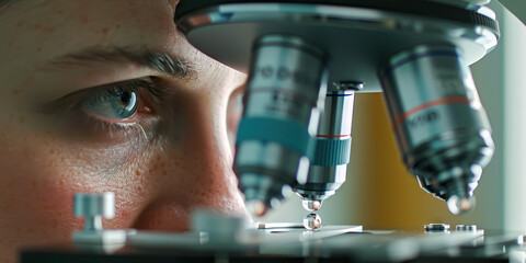 A scientist meticulously works at a microscope, their eyes filled with wonder as they explore the tiny worlds hidden within a drop of water
