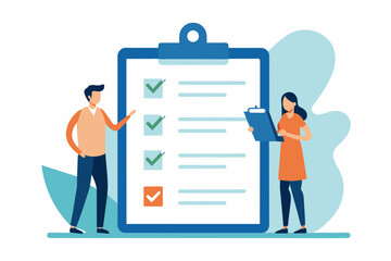 Two individuals standing next to a clipboard with a checklist on it, people write drug prescriptions from doctors, Simple and minimalist flat Illustration 