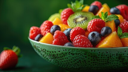 A refreshing fruit salad with a variety of colorful fruits arranged in a bowl, on a solid lime green background.