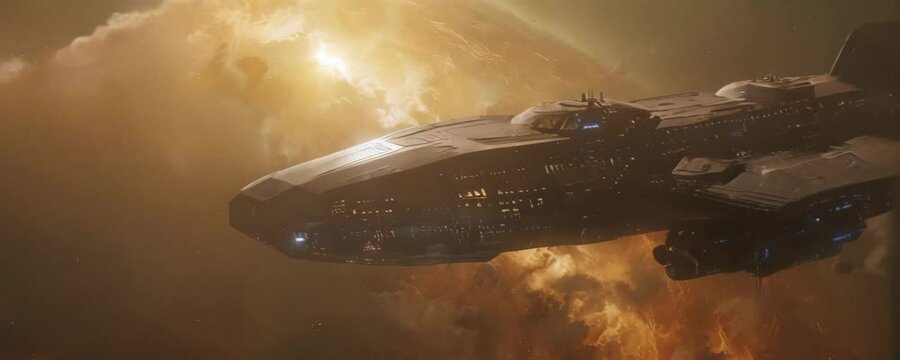 High quality anamorphic 4K AI-generated epic shot of massive spaceship through golden clouds. Hyperrealistic CGI with perfect atmospheric lighting, lens flares and volumetric cloud effects.