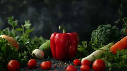 Single pepper, A single red pepper stands out amongst the other vegetables, perfectly lit against a dark background