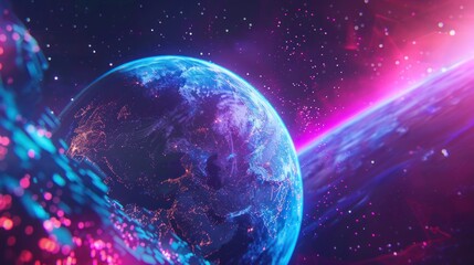 Obraz premium Metaverse digital world cyber space background, neon colorful global world in cyber space, future energy power technology and internet connection concept